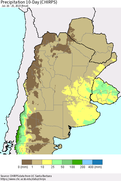 Southern South America Precipitation 10-Day (CHIRPS) Thematic Map For 7/16/2023 - 7/25/2023