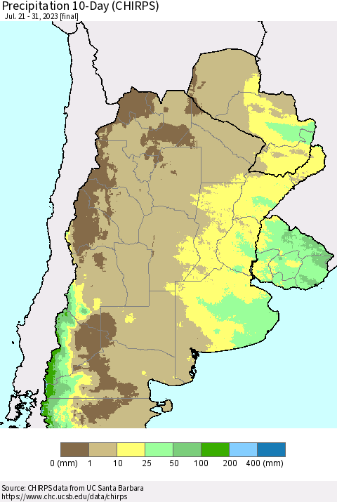 Southern South America Precipitation 10-Day (CHIRPS) Thematic Map For 7/21/2023 - 7/31/2023