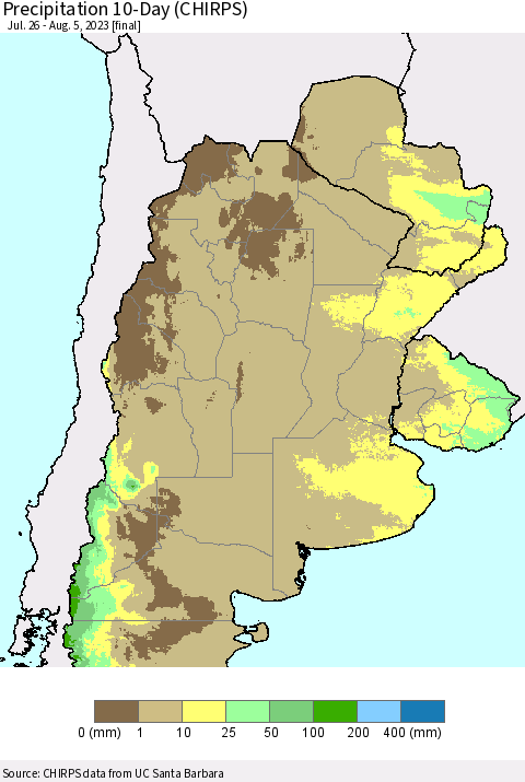 Southern South America Precipitation 10-Day (CHIRPS) Thematic Map For 7/26/2023 - 8/5/2023