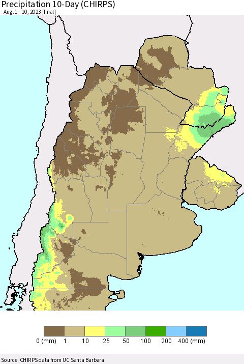 Southern South America Precipitation 10-Day (CHIRPS) Thematic Map For 8/1/2023 - 8/10/2023