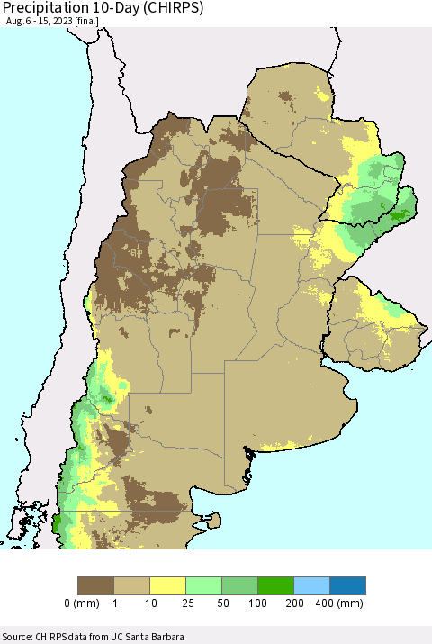 Southern South America Precipitation 10-Day (CHIRPS) Thematic Map For 8/6/2023 - 8/15/2023