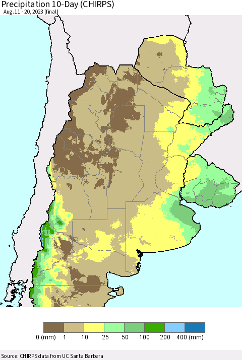 Southern South America Precipitation 10-Day (CHIRPS) Thematic Map For 8/11/2023 - 8/20/2023