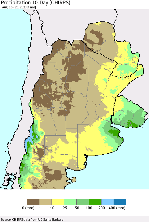 Southern South America Precipitation 10-Day (CHIRPS) Thematic Map For 8/16/2023 - 8/25/2023