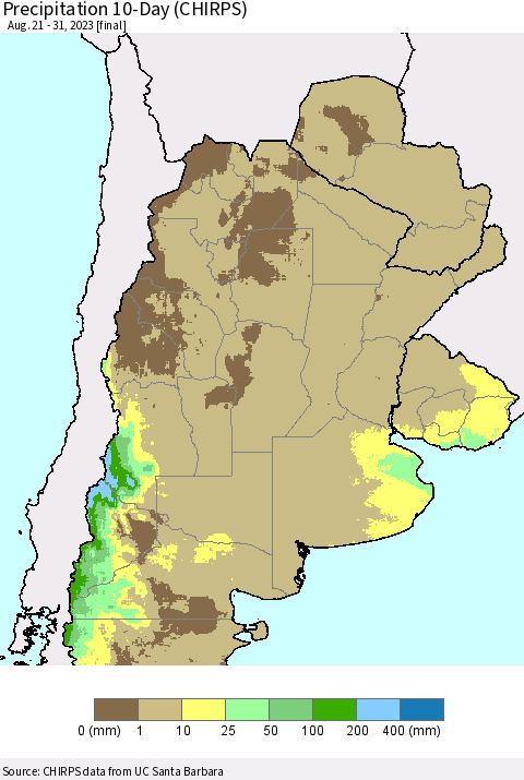 Southern South America Precipitation 10-Day (CHIRPS) Thematic Map For 8/21/2023 - 8/31/2023