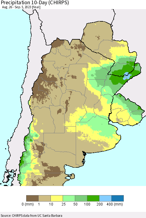 Southern South America Precipitation 10-Day (CHIRPS) Thematic Map For 8/26/2023 - 9/5/2023