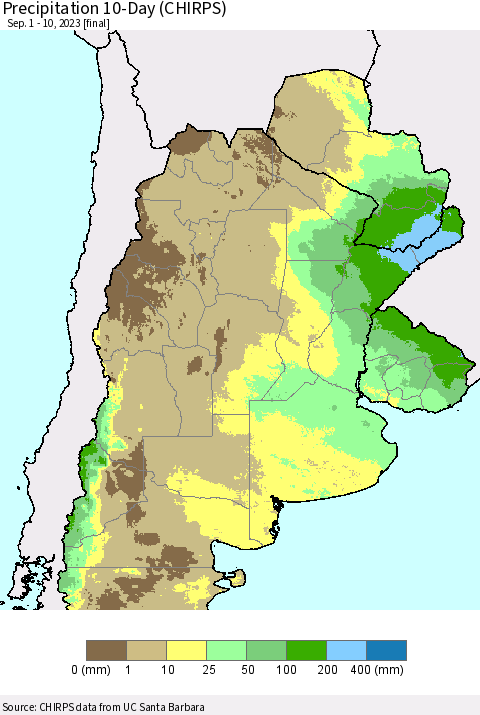 Southern South America Precipitation 10-Day (CHIRPS) Thematic Map For 9/1/2023 - 9/10/2023