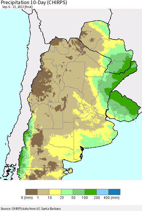 Southern South America Precipitation 10-Day (CHIRPS) Thematic Map For 9/6/2023 - 9/15/2023
