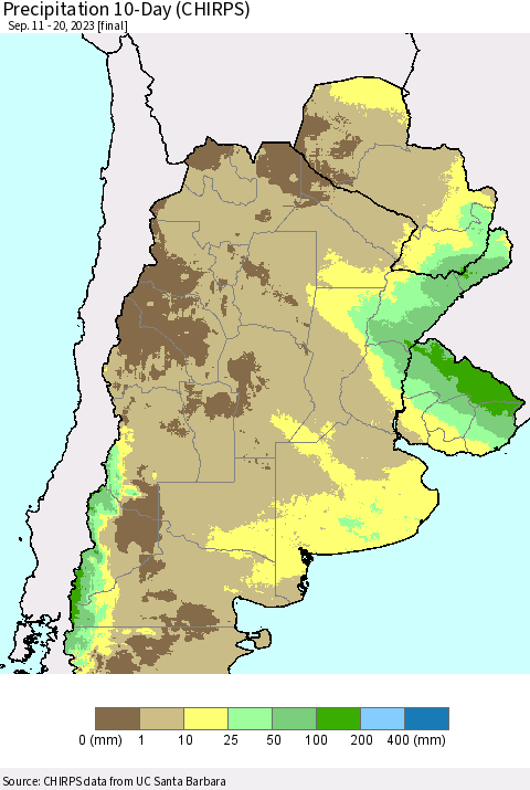Southern South America Precipitation 10-Day (CHIRPS) Thematic Map For 9/11/2023 - 9/20/2023