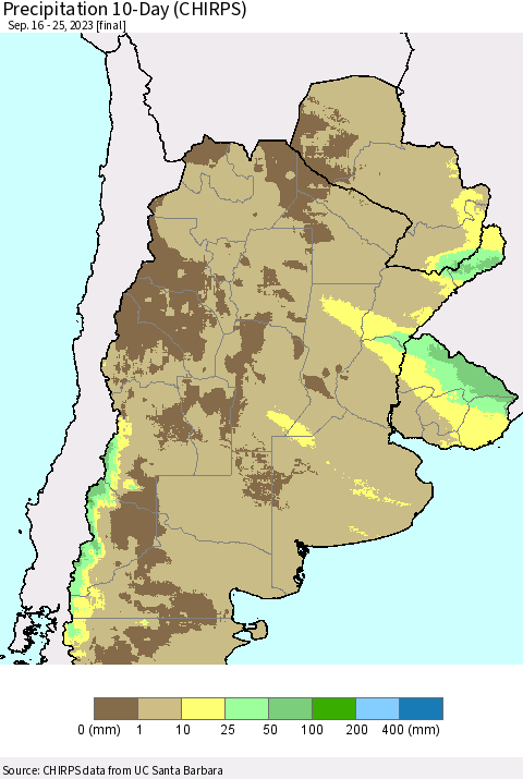 Southern South America Precipitation 10-Day (CHIRPS) Thematic Map For 9/16/2023 - 9/25/2023