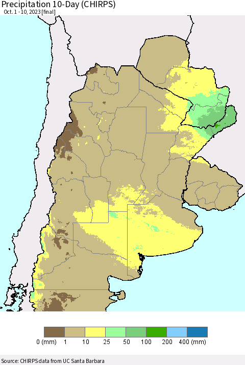 Southern South America Precipitation 10-Day (CHIRPS) Thematic Map For 10/1/2023 - 10/10/2023