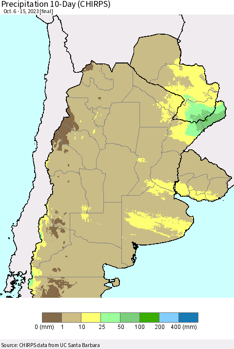 Southern South America Precipitation 10-Day (CHIRPS) Thematic Map For 10/6/2023 - 10/15/2023