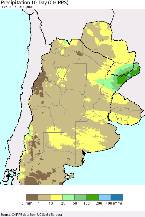 Southern South America Precipitation 10-Day (CHIRPS) Thematic Map For 10/11/2023 - 10/20/2023