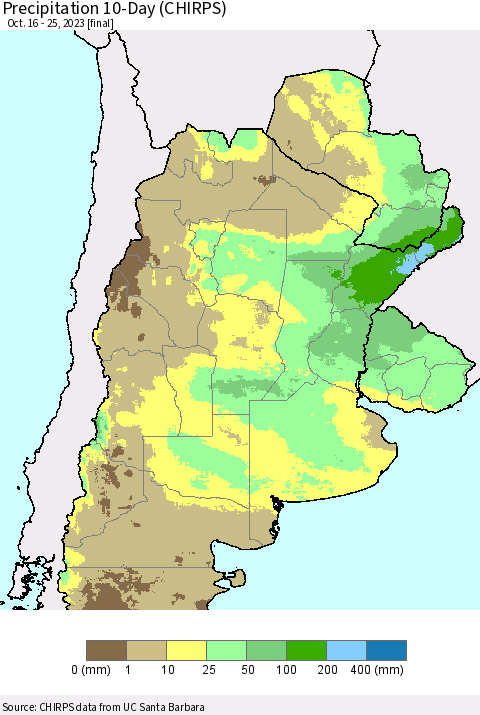 Southern South America Precipitation 10-Day (CHIRPS) Thematic Map For 10/16/2023 - 10/25/2023