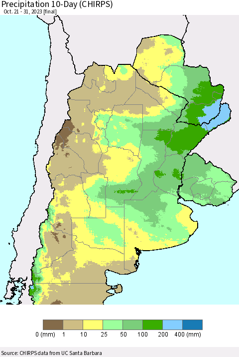Southern South America Precipitation 10-Day (CHIRPS) Thematic Map For 10/21/2023 - 10/31/2023