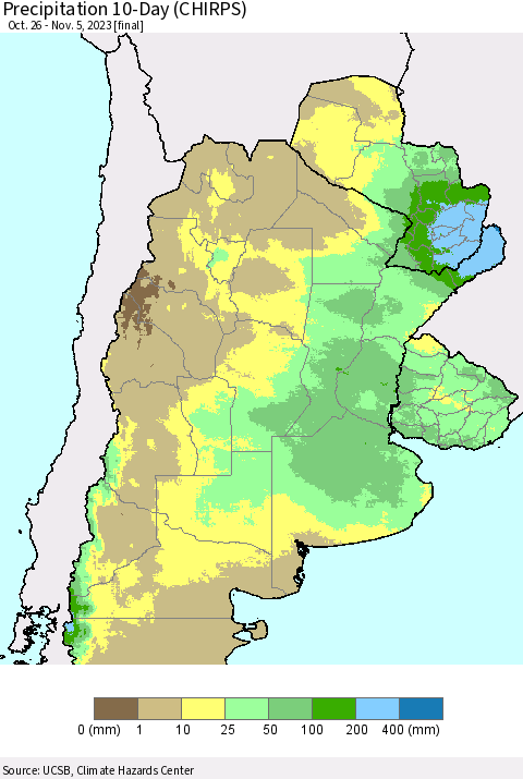 Southern South America Precipitation 10-Day (CHIRPS) Thematic Map For 10/26/2023 - 11/5/2023