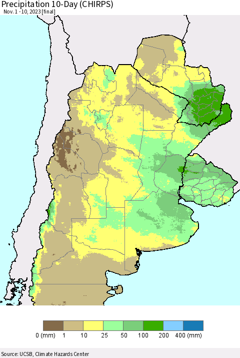 Southern South America Precipitation 10-Day (CHIRPS) Thematic Map For 11/1/2023 - 11/10/2023