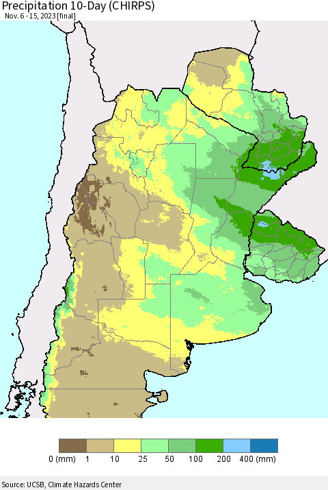 Southern South America Precipitation 10-Day (CHIRPS) Thematic Map For 11/6/2023 - 11/15/2023