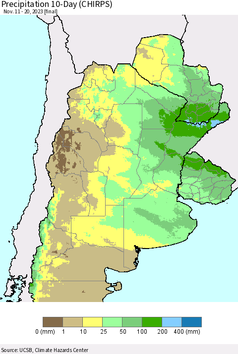 Southern South America Precipitation 10-Day (CHIRPS) Thematic Map For 11/11/2023 - 11/20/2023