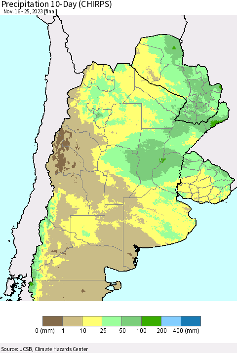 Southern South America Precipitation 10-Day (CHIRPS) Thematic Map For 11/16/2023 - 11/25/2023