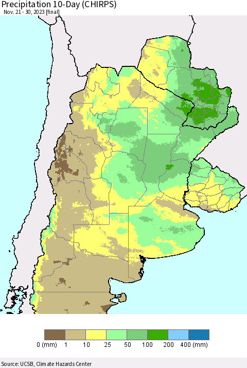 Southern South America Precipitation 10-Day (CHIRPS) Thematic Map For 11/21/2023 - 11/30/2023