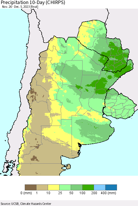 Southern South America Precipitation 10-Day (CHIRPS) Thematic Map For 11/26/2023 - 12/5/2023