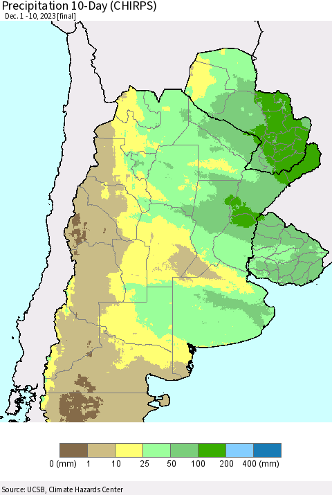 Southern South America Precipitation 10-Day (CHIRPS) Thematic Map For 12/1/2023 - 12/10/2023