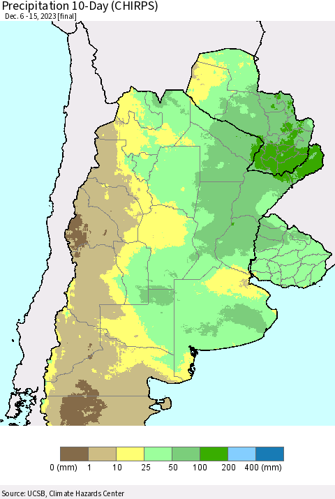 Southern South America Precipitation 10-Day (CHIRPS) Thematic Map For 12/6/2023 - 12/15/2023