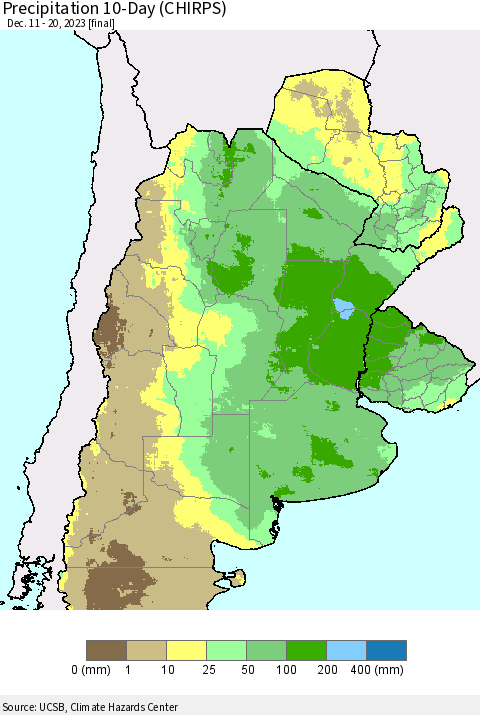 Southern South America Precipitation 10-Day (CHIRPS) Thematic Map For 12/11/2023 - 12/20/2023