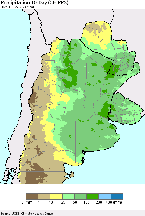Southern South America Precipitation 10-Day (CHIRPS) Thematic Map For 12/16/2023 - 12/25/2023