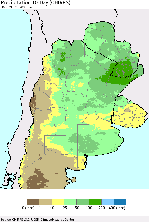 Southern South America Precipitation 10-Day (CHIRPS) Thematic Map For 12/21/2023 - 12/31/2023