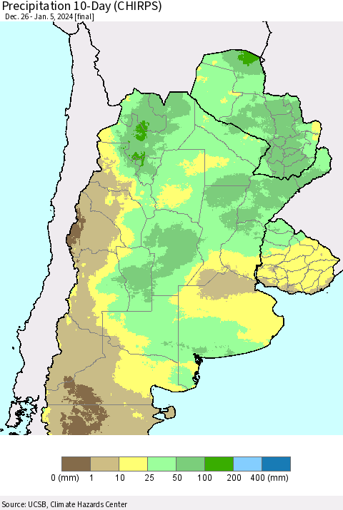 Southern South America Precipitation 10-Day (CHIRPS) Thematic Map For 12/26/2023 - 1/5/2024