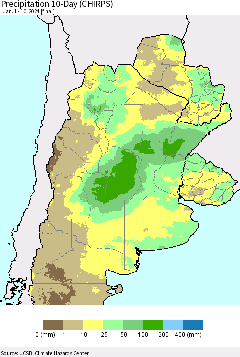 Southern South America Precipitation 10-Day (CHIRPS) Thematic Map For 1/1/2024 - 1/10/2024