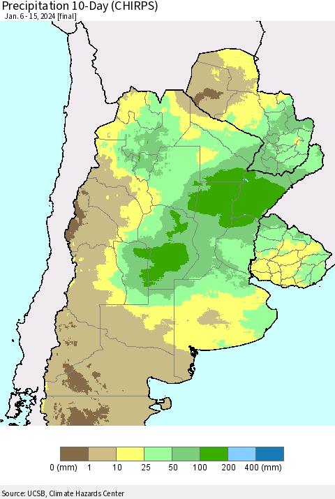 Southern South America Precipitation 10-Day (CHIRPS) Thematic Map For 1/6/2024 - 1/15/2024