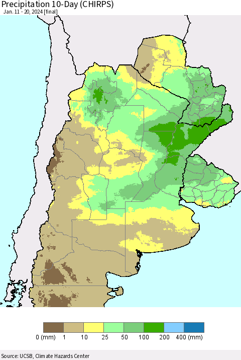 Southern South America Precipitation 10-Day (CHIRPS) Thematic Map For 1/11/2024 - 1/20/2024