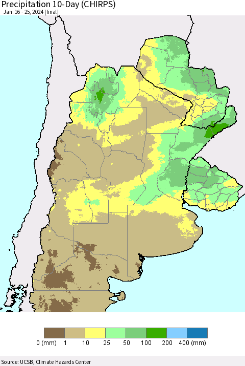 Southern South America Precipitation 10-Day (CHIRPS) Thematic Map For 1/16/2024 - 1/25/2024
