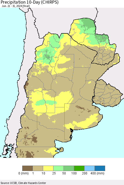Southern South America Precipitation 10-Day (CHIRPS) Thematic Map For 1/21/2024 - 1/31/2024