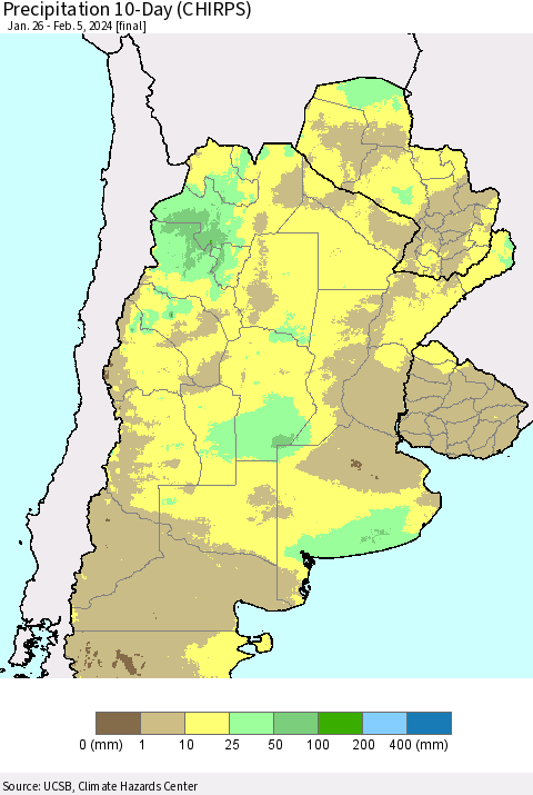 Southern South America Precipitation 10-Day (CHIRPS) Thematic Map For 1/26/2024 - 2/5/2024