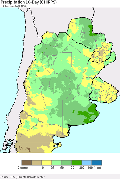 Southern South America Precipitation 10-Day (CHIRPS) Thematic Map For 2/1/2024 - 2/10/2024