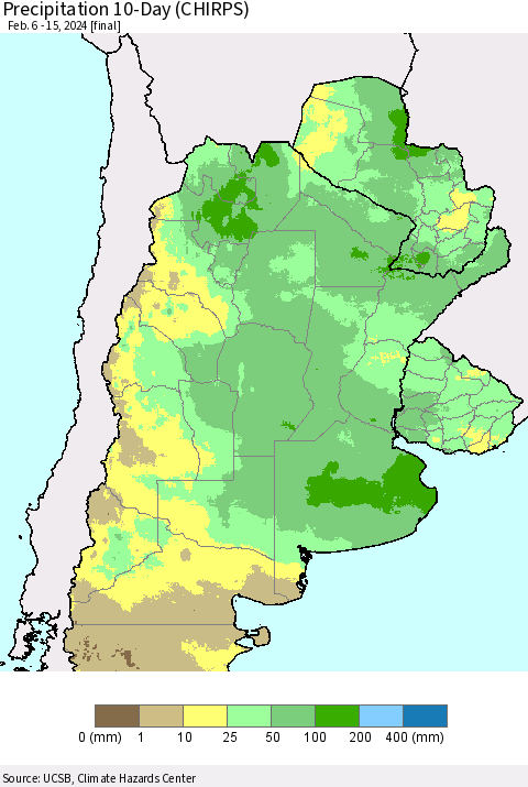 Southern South America Precipitation 10-Day (CHIRPS) Thematic Map For 2/6/2024 - 2/15/2024