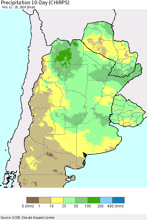 Southern South America Precipitation 10-Day (CHIRPS) Thematic Map For 2/11/2024 - 2/20/2024