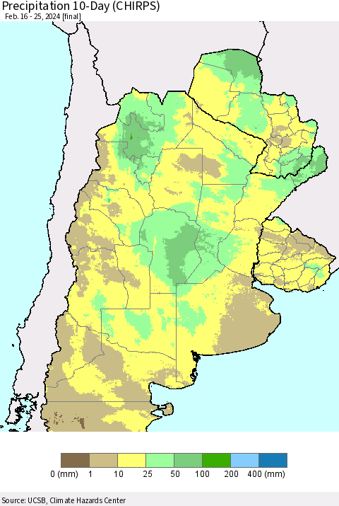 Southern South America Precipitation 10-Day (CHIRPS) Thematic Map For 2/16/2024 - 2/25/2024