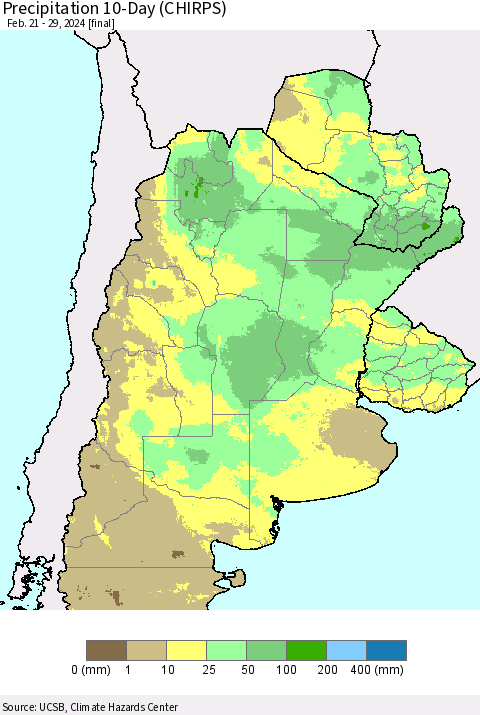 Southern South America Precipitation 10-Day (CHIRPS) Thematic Map For 2/21/2024 - 2/29/2024