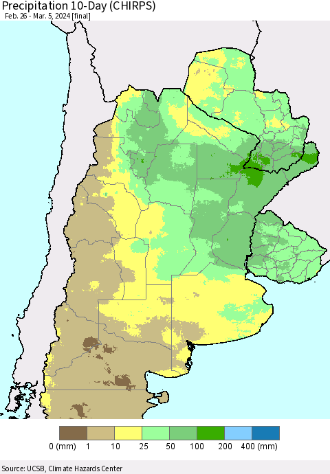 Southern South America Precipitation 10-Day (CHIRPS) Thematic Map For 2/26/2024 - 3/5/2024