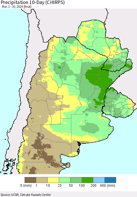 Southern South America Precipitation 10-Day (CHIRPS) Thematic Map For 3/1/2024 - 3/10/2024