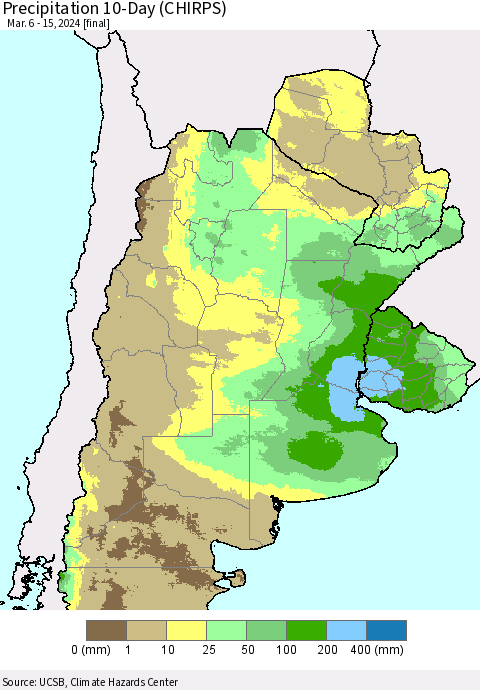 Southern South America Precipitation 10-Day (CHIRPS) Thematic Map For 3/6/2024 - 3/15/2024