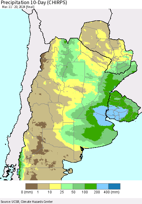 Southern South America Precipitation 10-Day (CHIRPS) Thematic Map For 3/11/2024 - 3/20/2024