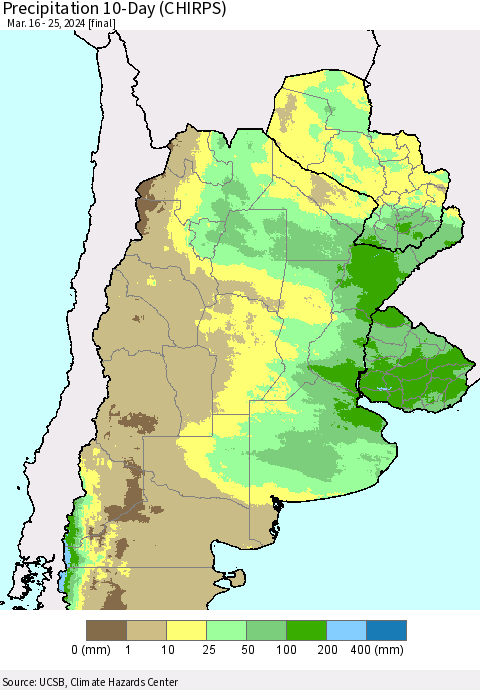 Southern South America Precipitation 10-Day (CHIRPS) Thematic Map For 3/16/2024 - 3/25/2024