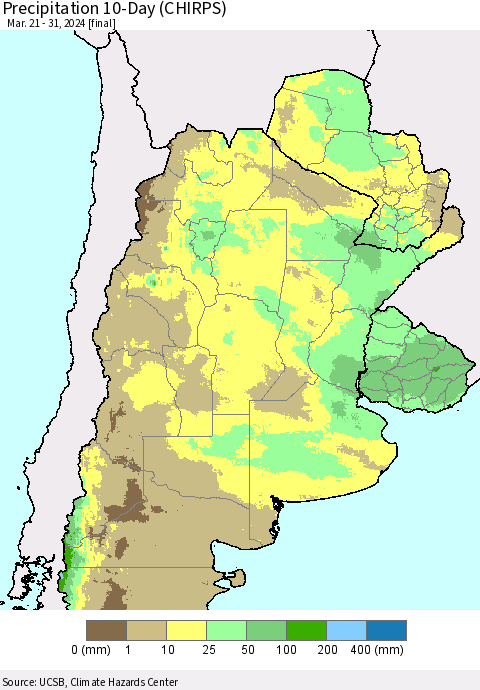 Southern South America Precipitation 10-Day (CHIRPS) Thematic Map For 3/21/2024 - 3/31/2024