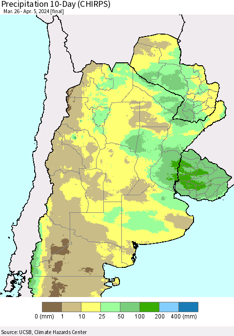Southern South America Precipitation 10-Day (CHIRPS) Thematic Map For 3/26/2024 - 4/5/2024