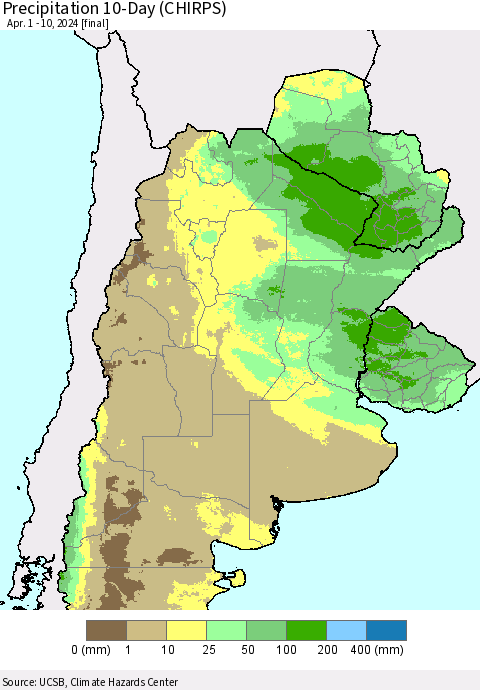 Southern South America Precipitation 10-Day (CHIRPS) Thematic Map For 4/1/2024 - 4/10/2024